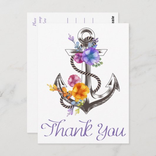 かわいい！船の錨の花柄ポストカード　ありがとう ポストカード (正面/裏面)