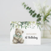 かわいい 誕生日 水彩 テディベア 葉っぱ お祝い ポストカード (スタンド正面)