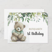 かわいい 誕生日 水彩 テディベア 葉っぱ お祝い ポストカード (正面/裏面)