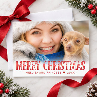 かわいい 赤い メリークリスマス ペットの写真 ホリデーカード