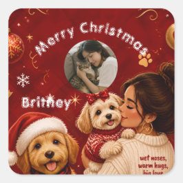 かわいい 赤 レッド クリスマス メリークリスマス 犬 名前 写真 スクエアシール