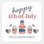 かわいい 赤 白 青 4th of July パーティー スクエアシール (正面)
