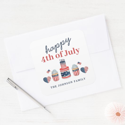 かわいい 赤 白 青 4th of July パーティー スクエアシール (封筒)