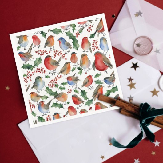 かわいい 赤 緑 クリスマス ロビン 鳥 水彩画 スタンダードカクテルナプキン