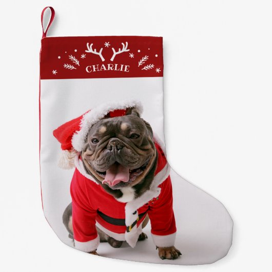 かわいい〔雄ジカの〕枝角と雪片カスタムフォトペットドッグ スモールクリスマスストッキング (正面)