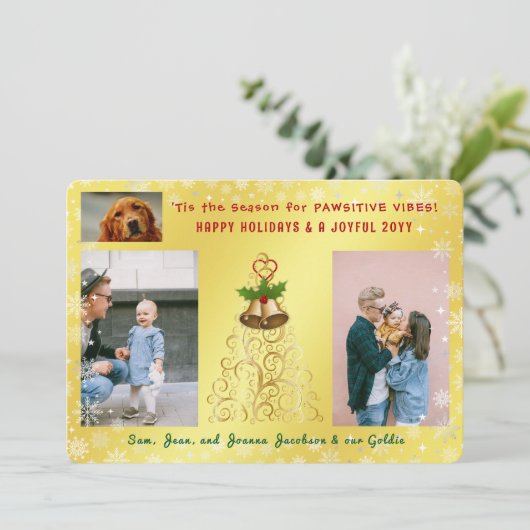 かわいい 面白い 犬 猫 幸せな休日 3枚の写真 ゴールド シーズンカード (スタンド正面)