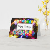 かわいい、風カラフル船、花火、誕生日 カード (黄色い花)