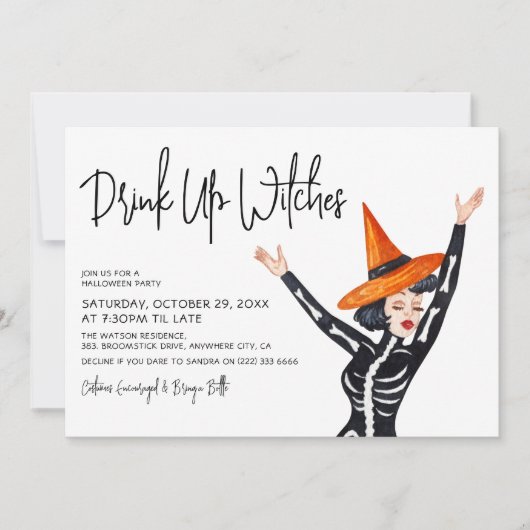 かわいい「魔女たちを飲む」女の子ハローウィンパーティ 招待状 (正面)