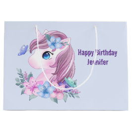 かわいい&魔法のベビーユニコーンと大きな目誕生日 ラージペーパーバッグ