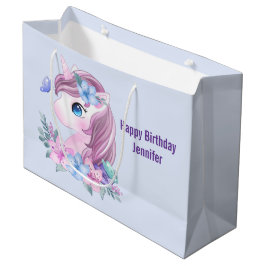 かわいい&魔法のベビーユニコーンと大きな目誕生日 ラージペーパーバッグ