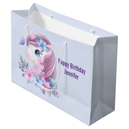 かわいい&魔法のベビーユニコーンと大きな目誕生日 ラージペーパーバッグ (正面アングル)