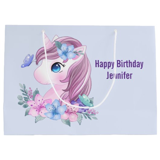 かわいい&魔法のベビーユニコーンと大きな目誕生日 ラージペーパーバッグ (裏面)