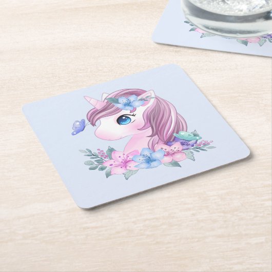 かわいい&魔法のベビーユニコーンと大きな目 スクエアペーパーコースター (アングル)