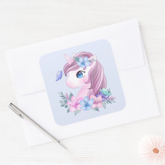 かわいい&魔法のベビーユニコーン水色 スクエアシール (封筒)