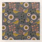 かわいい《鳥》アメリカゴガラ金ゴールドピンクブラックベリー花 ガラスコースター (正面)