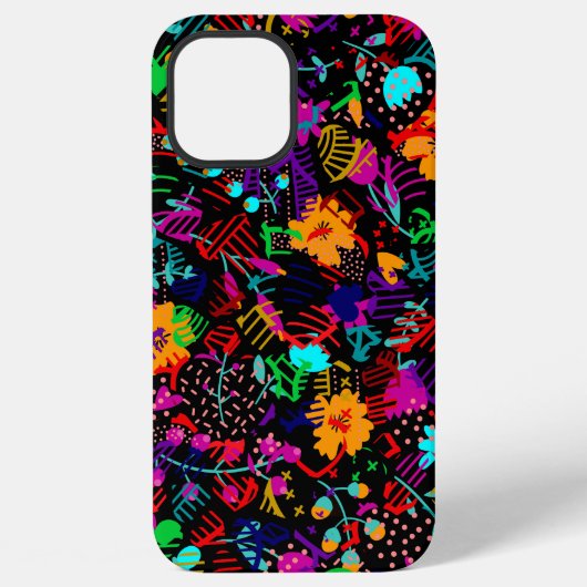 かわいい 黒い 色とりどりの 抽象的な 花 iPhoneケース (裏面)