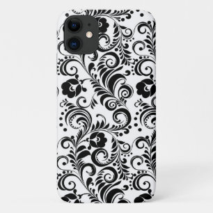 かわいい 黒 白 花柄 背景 デザイン iPhone 11 ケース
