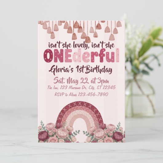 かわいい、1歳の誕生日、ダスティローズレインボー 招待状 (スタンド正面)