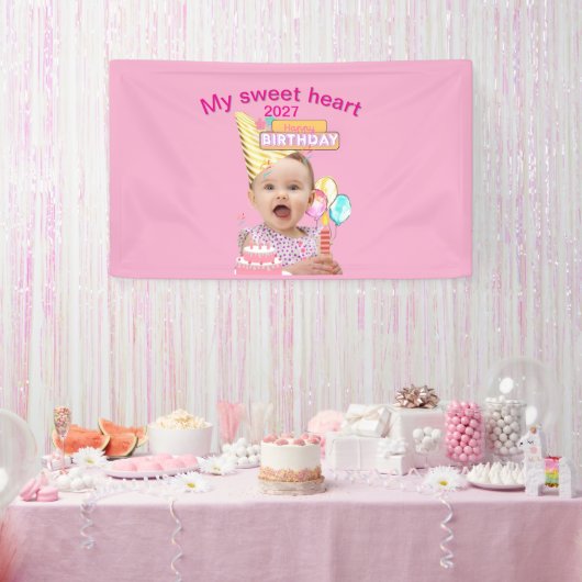 かわいい 1歳の誕生日 ピンクの オーダーメイド 写真 横断幕 (パーティー)
