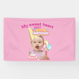かわいい 1歳の誕生日 ピンクの オーダーメイド 写真 横断幕