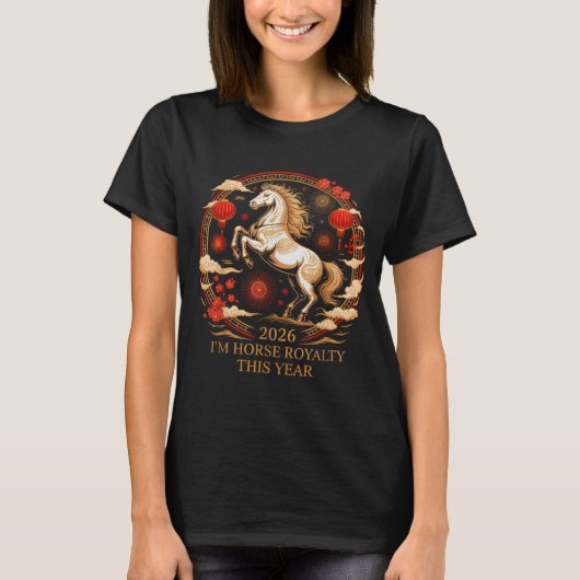 かわいい 2026 年 午年 ロイヤル ゾディアック レディ ラッキー 馬 Tシャツ (正面)