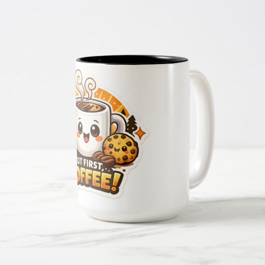 かわいい"But First Coffee"キャラクター ツートーンマグカップ (正面右)