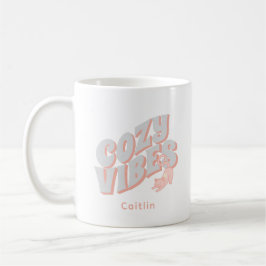 かわいい『Cozy Vibes』パステルキャットの名入れ コーヒーマグカップ