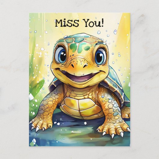 かわいい"Miss You"カメのテーマ ポストカード (正面)