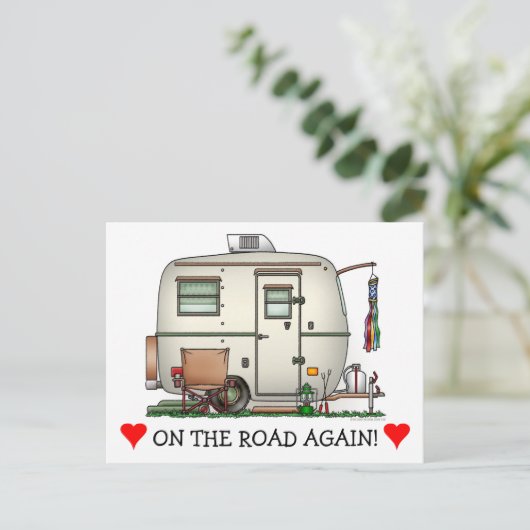 かわいい RV ヴィンテージ ガラス エッグ キャンパー トラベル トレーラー ポストカード (スタンド正面)