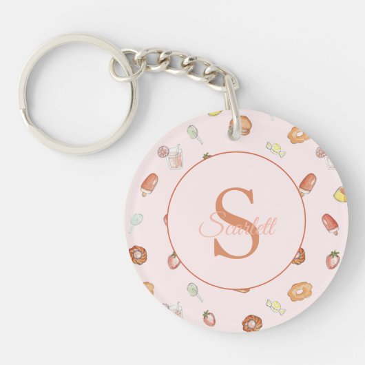 かわいい?sweets patternモノグラム名ピンク キーホルダー (正面)