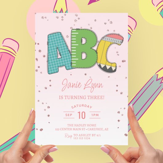 かわいいABC学校3歳の誕生日パーティー 招待状