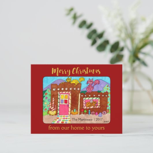 かわいいAdobeのお菓子の家及び猫のクリスマス シーズンポストカード (スタンド正面)