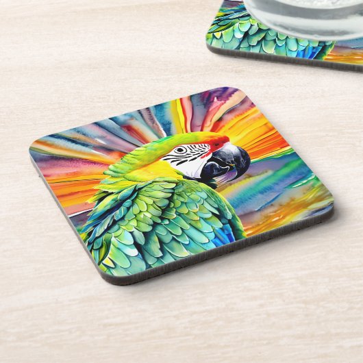 かわいいAI生成された水色スタイルグリーンオウム コースター (左側)