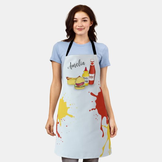 かわいいBBQおもしろいお洒落ハンバーガーホットドッグシンプル エプロン (着用した状態)