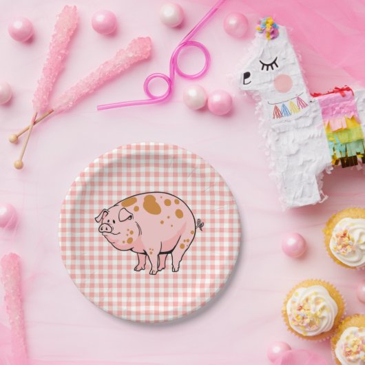 かわいいBBQのブタのCookoutのローズピンクのギンガムの点検の格子縞 ペーパープレート (パーティー)