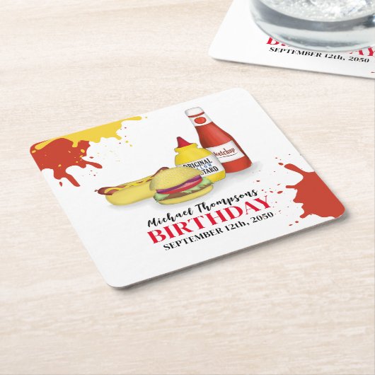 かわいいBBQバースデーパーティーカスタム スクエアペーパーコースター (アングル)