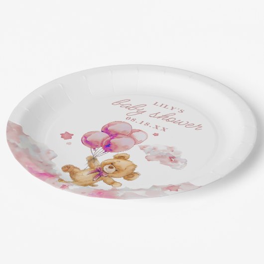 かわいいbearly待ちピンクの女の子の赤ちゃんシャワー ペーパープレート (アングル)