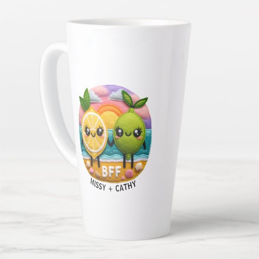 かわいいBFF引用文レモンとライムキャラクターサンセット カフェラテマグ (左アングル)