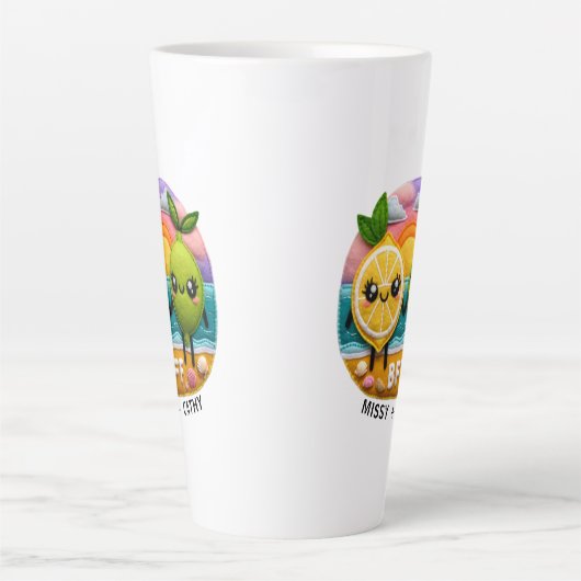 かわいいBFF引用文レモンとライムキャラクターサンセット カフェラテマグ (正面)