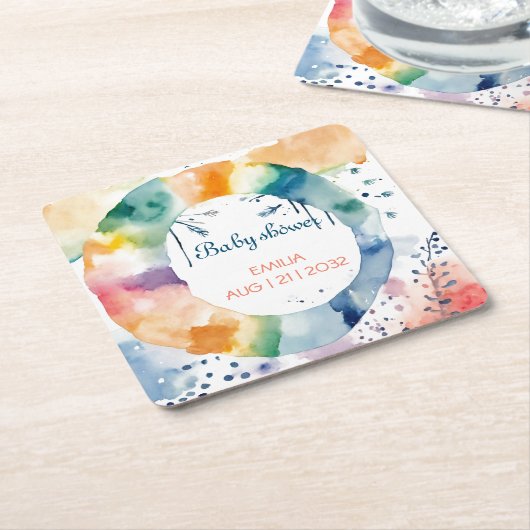 かわいいBOHOベビーシャワーカスタム スクエアペーパーコースター (アングル)