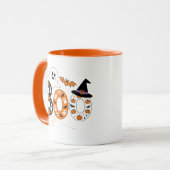 かわいいBOOレタリングの幽霊とカボチャのハロウィン マグカップ (正面左)
