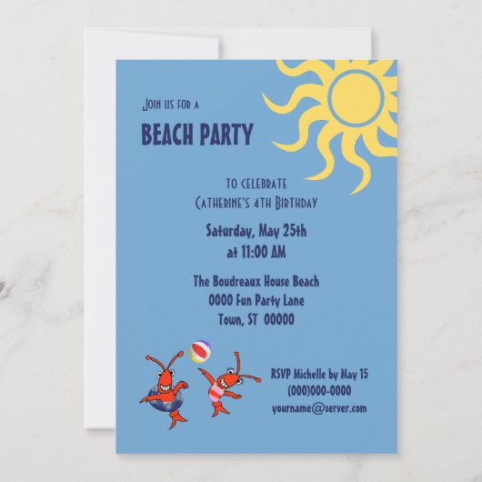 かわいいCrawfishのロブスターのビーチのパーティー 招待状 (裏面)
