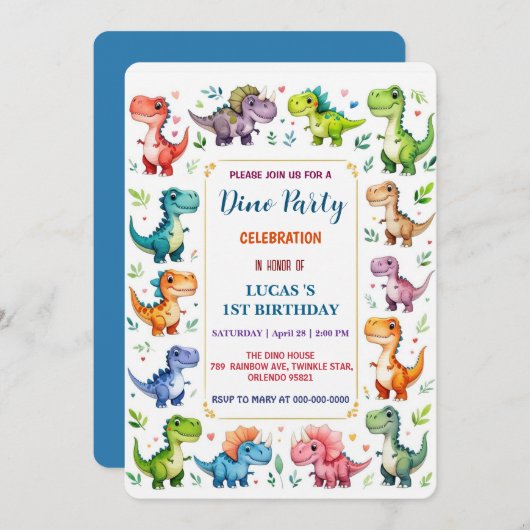 かわいいDInoベビー恐竜1st誕生日パーティー救T セーブザデート (正面/裏面)