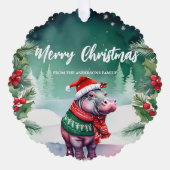 かわいいHIPPOサンタクリスマスホリデーパーティファミリーキッズ オーナメントカード (正面)