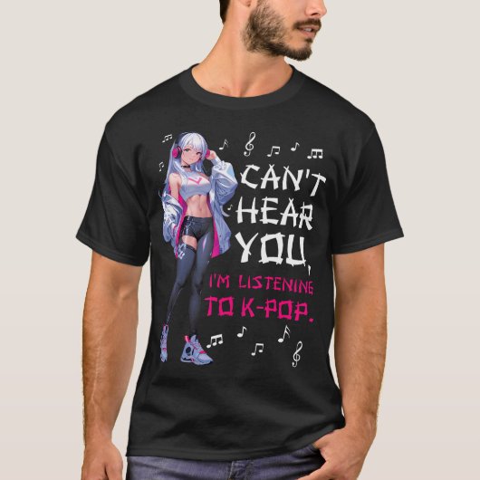 かわいいK-POP好きの女の子が音楽を聴いているよ Tシャツ (正面)