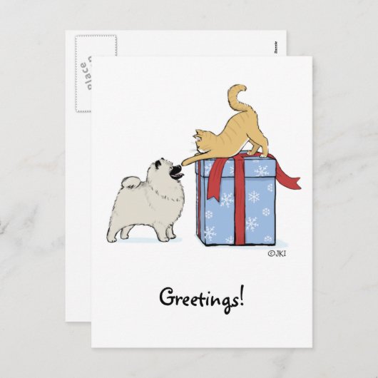 かわいいKeeshondの子犬および子ネコのクリスマス シーズンポストカード (正面/裏面)