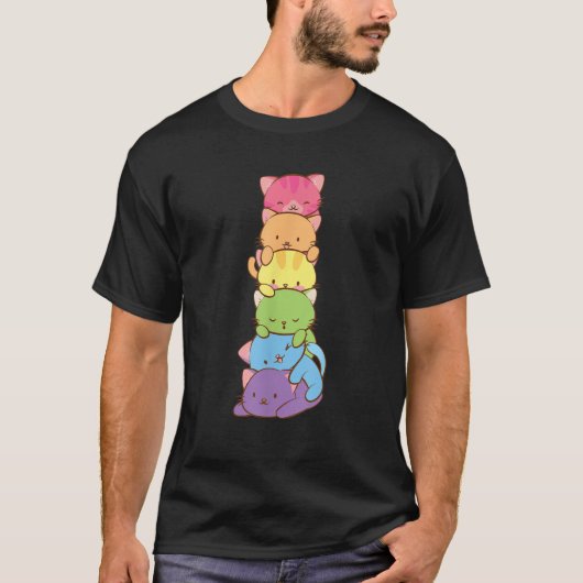 かわいいLGBTレインボーゲイプライドフラッグかわいい猫パイルA Tシャツ (正面)