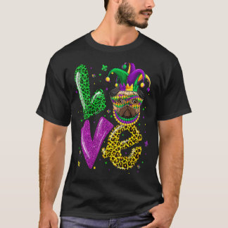 かわいいLOVEパグ犬マスクチェック柄ヒョウ柄マルディグラ Tシャツ