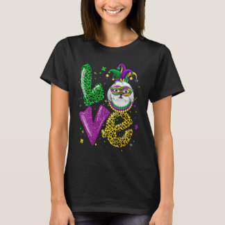 かわいいLOVEマルチーズの犬マスクチェック柄ヒョウ柄マルディグラ Tシャツ