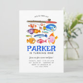 かわいいOフィッシュアルリールおもしろい行き魚魚釣り誕生日 招待状 (スタンド正面)